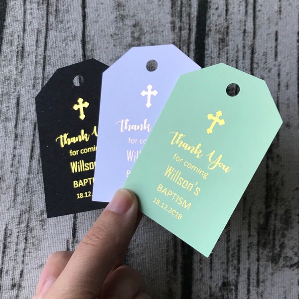 100 Baptism Gift Tags Rose Gold Foil Christening Favor Tags Baby Shower Anniversary Birthday Favors Black Mint White Pink Purple Blue Tags