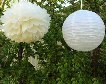 May include: Two white paper decorations hanging from a tree branch. One is a round paper lantern and the other is a large, fluffy pom-pom.