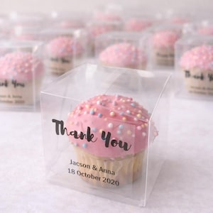 100 Clear Transparent Plastic Wedding Birthday Party Favor Box with Personalised Clear Stickers • Mini Cupcake Favour Box Macaroon Gift Box