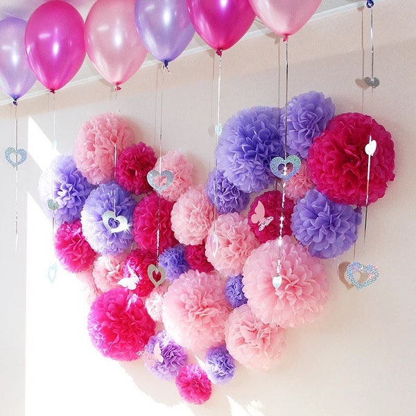 33pcs Lilac Pink Fairy Theme Tissue Paper Pom Poms Girl's Birthday Party Sweets Bar Backdrops Baby Girl Baby Shower backdrop Wall Decoration