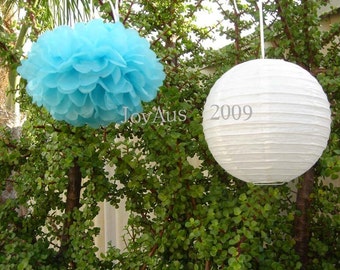 Aqua Blue Tissue Pom Poms White Paper Lanterns Wedding Engagement Anniversary Boy 1ST Birthday Party Bridal Baby Shower Bar Venue Decoration