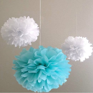 18pcs Mixed Size Aqua Blue White Tissue Paper Pom Poms First Birthday Party Boy Baby Shower Wedding Nursery Room Home Hanging Decorations image 1