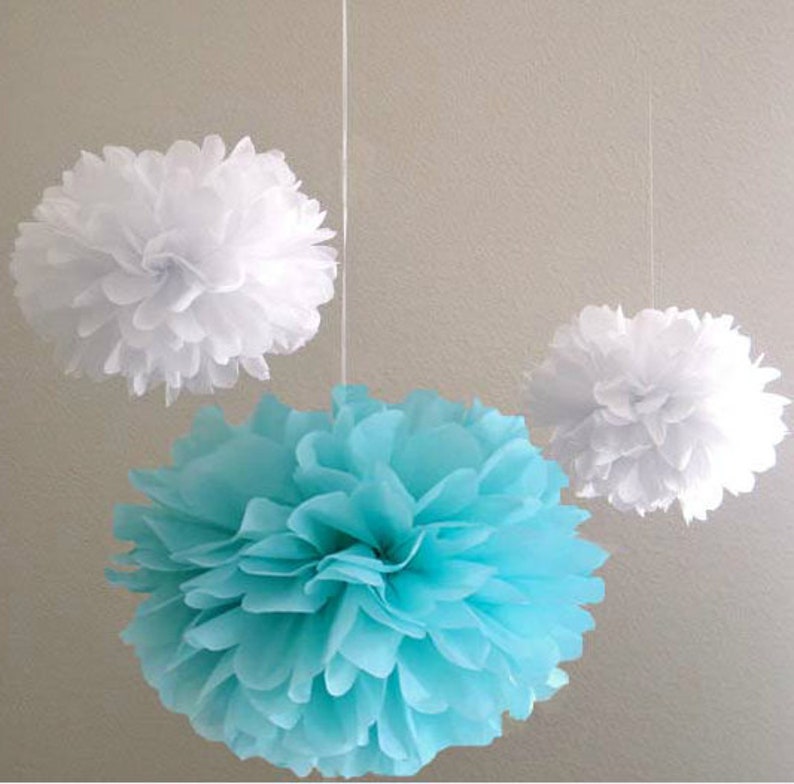 18pcs Mixed Size Aqua Blue White Tissue Paper Pom Poms First Birthday Party Boy Baby Shower Wedding Nursery Room Home Hanging Decorations image 1