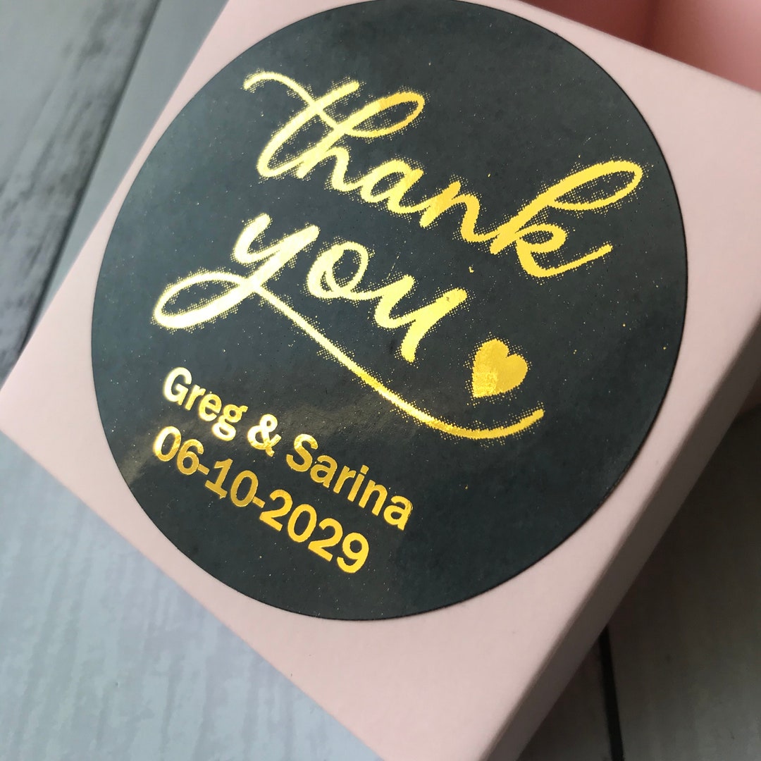 100 Black Rose Gold Foil Round Thank You Favour Stickers Personalized ...