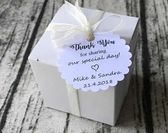 40pcs White Favour Boxes Personalised Thank You Tags • Wedding Favor Boxes • Birthday Gift Boxes Guests Baby Shower Favor Boxes • Any Texts
