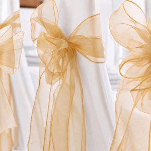 25-150 Gold Organza Chair Sashes Bows Tie Ribbon Wedding Banquet Ceremony Feast 1st Birthday Engagement Baby Shower Party Venue Decoration