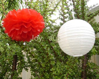 Red Tissue Pom Poms White Paper Lanterns for Wedding Engagement Anniversary Birthday Party Bridal Shower Valentine's Day Hanging Decoration