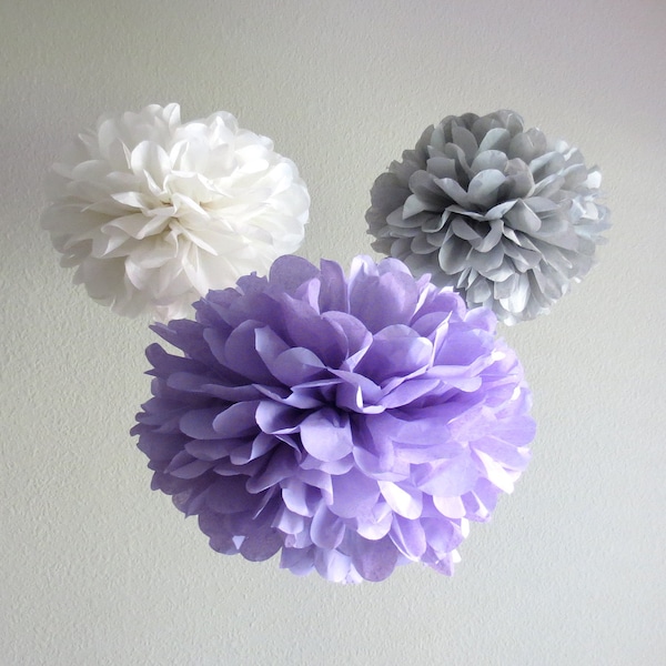 30 MINI Lilac Silver White Tissue Paper Pom Poms DIY Garland Baby Shower Birthday Party Table Centerpiece Baby Room Hanging Home Decoration