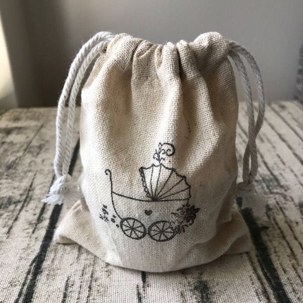 40 Vintage Natural Linen Bags with Baby Carriage Printing Linen Bags • Baby Shower Favour Bags • Thank You Gift Bags 11x13cm Gift Linen Bags