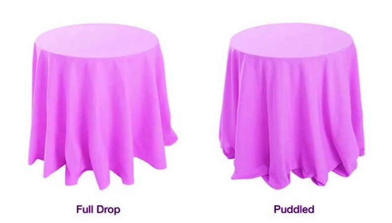 May include: Two images showing two different ways to drape a tablecloth. The first image shows a tablecloth with a full drop, where the tablecloth hangs all the way to the floor. The second image shows a tablecloth with a puddled drop, where the tablecloth hangs down to the floor but has a slight puddle on the floor. Both tablecloths are a bright pink color.