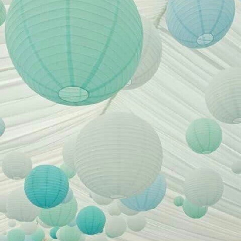 9pcs Mint Blue White Paper Lanterns with LED Bulbs for Wedding Engagement Anniversary 21st Birthday Party Baby Shower Lighting Decorations