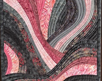 Wall Quilt Gray and Pink Curves, Art Quilt, Wall Hanging