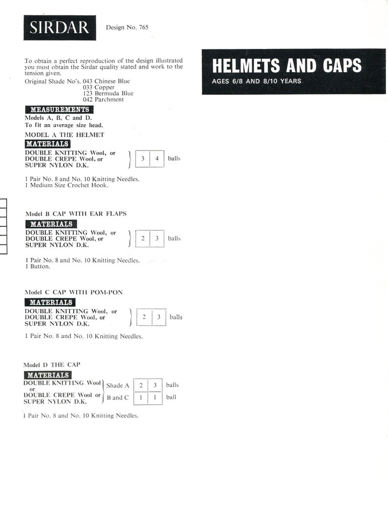 Childrens Helmets & Caps 6-10 years DK Sirdar 765 Vintage Knitting Pattern PDF instant download image 2