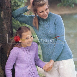 Lady & Girl&#39;s Raglan Lace Panel Sweater 26-40in DK Patons 1874  Vintage Knitting Pattern PDF instant download