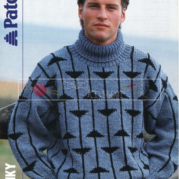 Men's Motif Sweater 32-44in Chunky Patons 8624 Vintage Knitting Pattern PDF instant download