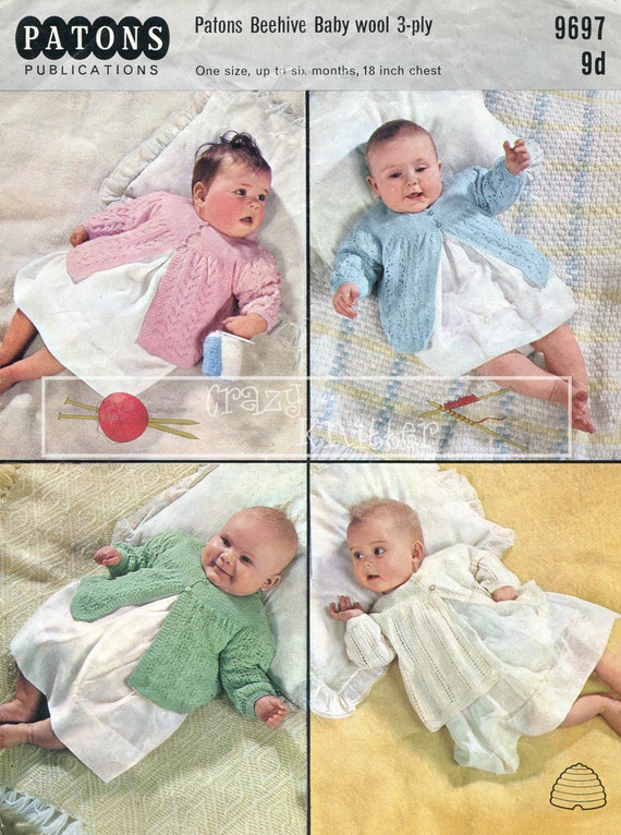 Baby Matinee Coats 18in 3ply Patons 9697 Vintage Knitting Pattern PDF instant download