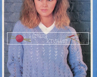 Lady's V-Neck Lace Sweater 32-42in DK Patons 0190 Vintage Knitting Pattern PDF instant download