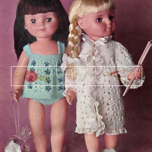 May include: A vintage knitting pattern for a doll's dress and robe. The pattern is for a 14, 16, or 18 inch doll. The pattern is from Patons and is number 9920. The pattern is for double knitting and uses 4 ply yarn.