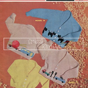 Child Cardigans Cars Dogs DK Age 2-3 years Sirdar Sunshine Series 244 Vintage Knitting Pattern PDF instant download image 1
