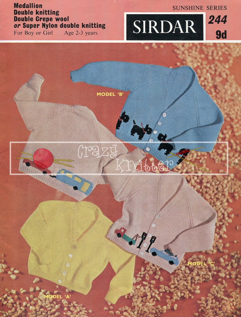 Child Cardigans Cars Dogs DK Age 2-3 years Sirdar Sunshine Series 244 Vintage Knitting Pattern PDF instant download image 1