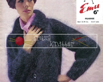 Lady's Cardigan Mohair 32-38in Emu 2202 Vintage Knitting Pattern PDF instant download