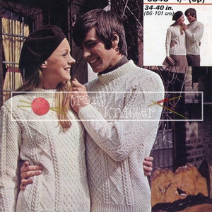 Unisex Aran Cable Sweaters DK 34-40in Patons 6343 Vintage Knitting Pattern PDF instant download