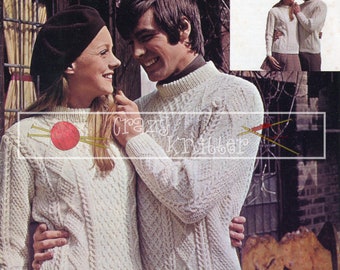 Unisex Aran Cable Sweaters DK 34-40in Patons 6343 Vintage Knitting Pattern PDF instant download