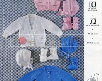 Baby Cardigan Bonnets Bootees 18-20in DK Emu 8468 Vintage Knitting Pattern PDF descarga instantánea