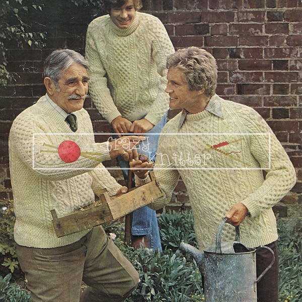 Men's Cable Sweaters 38-44" Aran Sunbeam 430 Vintage Knitting Pattern PDF instant download