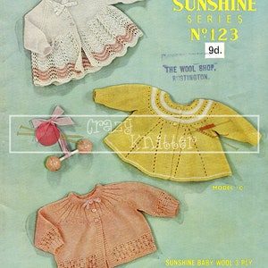 Baby Matinee Coats 0-6 months 3-ply Sirdar Sunshine Series 123 Vintage Knitting Pattern PDF instant download