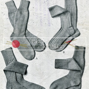 May include: Four pairs of grey socks with ribbed detailing. The socks are folded and arranged on a white textured surface. The image includes the text "MEN'S SOCKS" and "PATONS BEEHIVE FINGERING, 3- and 4-PLY".