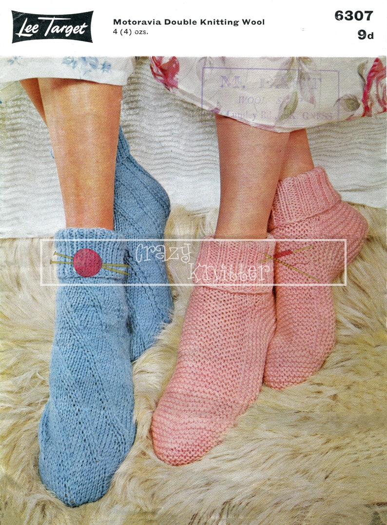 Bed Socks DK Sizes Adjustable Lee Target 6307 Vintage Knitting Pattern PDF instant download image 1