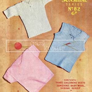 Children&#39;s Vests 1-4 years 3-ply Sirdar Sunshine Series 82 Vintage Knitting Pattern PDF instant download