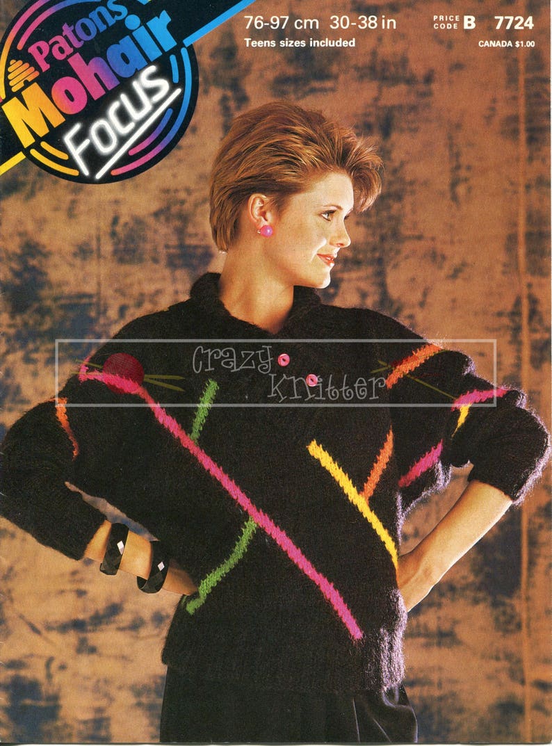Lady's Dolman Sweater 32-38in Mohair Patons 7514  Vintage Knitting Pattern PDF instant download