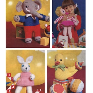 May include: A collection of knitted toys including an elephant, bunny, duck, doll, and balls. The toys are made with a variety of colors and textures. The toys are arranged on a colorful background.