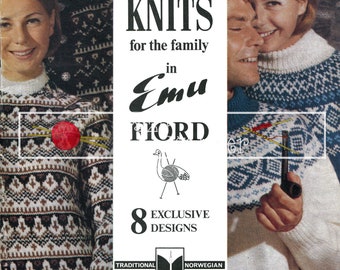 May include: A vintage knitting pattern booklet featuring a family wearing traditional Norwegian sweaters. The cover features the text "SKI KNITS for the family in Emu FIORD", "8 EXCLUSIVE DESIGNS", "TRADITIONAL DALE NORWEGIAN", and "2/6".