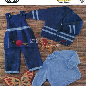 May include: Knitting pattern for a blue cardigan, blue overalls, and a light blue sweater for a baby. The pattern is from Sirdar and uses Snuggly Baby Yarns DK.