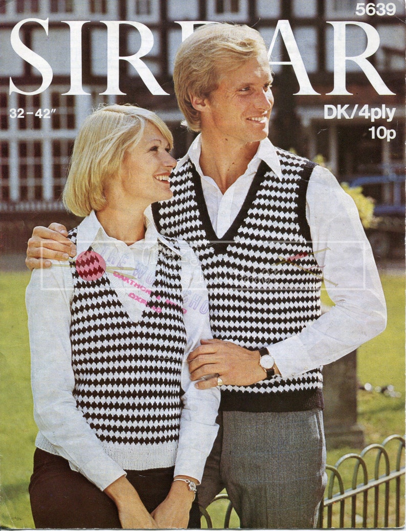 Unisex Chequered Slipover 4-ply DK 32-42in Sirdar 5639 Vintage Knitting Pattern PDF instant download