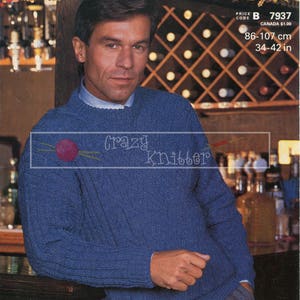 Men&#39;s Crew Neck Sweater 34-42in DK Patons 7937  Knitting Pattern PDF instant download