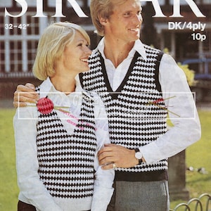 May include: A knitting pattern for a black and white diamond patterned vest. The pattern is for sizes 32-42 inches and is available for 10 pence.