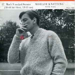 May include: Vintage black and white image of a V-neck mohair sweater. The sweater is light gray and has a textured appearance. The image includes text that reads "Sof-touch" and "Man's V-necked Sweater (40-44 ins chest, 13-15 ozs) MOHAIR KNITTING WITH WOOL".