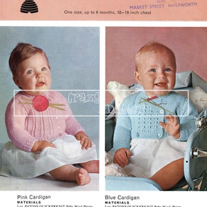 May include: A knitting pattern for two baby cardigans, one pink and one blue. The pattern is from Patons Publications and includes instructions for using Patons Quickerknit Baby Wool or Patons Brilliante Quickerknit Baby yarn. The pattern is for a size up to 6 months, with a chest measurement of 18-19 inches.