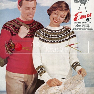 Puede incluir: Un patrón de tejido vintage para un suéter rojo y blanco con un diseño geométrico. El patrón se llama "Emu Sports Sweater" y es para tejido doble. El patrón incluye instrucciones para tallas de hombre y mujer.