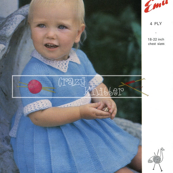 Baby Dress 18-22in 4ply Emu 8361 Vintage Knitting Pattern PDF instant download