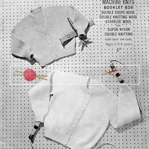 May include: A knitting pattern booklet for a cardigan for children ages 2-6 years. The pattern is for a white cardigan with a button-up front. The booklet is titled "Sirdar Machine Knits Booklet 856" and includes instructions for using double crepe wool, double knitting wool, starflek wool, or super nylon double knitting.