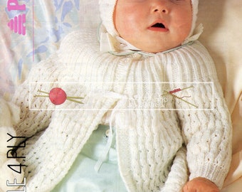 Baby Matinee jas en motorkap 14-20in 4ply Patons 8348 Vintage breipatroon PDF direct downloaden