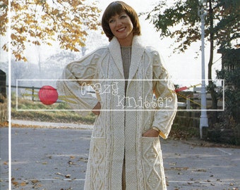 Lady's Long Aran Coat Aran 34-42in Phildar 434 Vintage Knitting Pattern PDF instant download