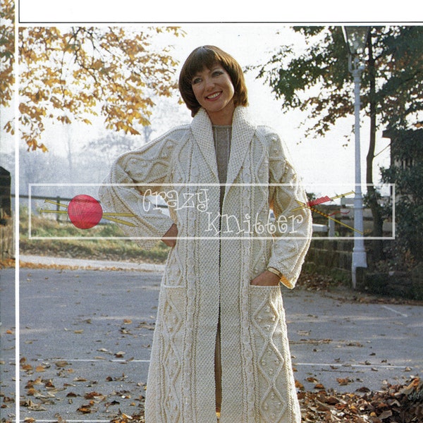 Lady's Long Aran Coat Aran 34-42in Phildar 434 vintage Knitting Pattern PDF téléchargement immédiat