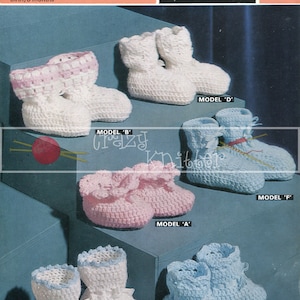 May include: Crochet pattern for baby booties in six different styles. The booties are white, pink, and blue. The pattern is called "3 Ply" and is for babies from birth to 3 months. The pattern is from Sirdar and costs 9 pence.