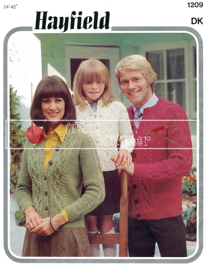 Family Aran Cable Cardigans DK 24-42ins Hayfield 1209 Vintage Knitting Pattern PDF instant download image 1